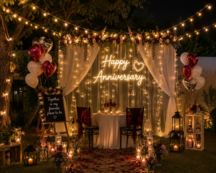 Romantic anniversary setup with lights and flowers