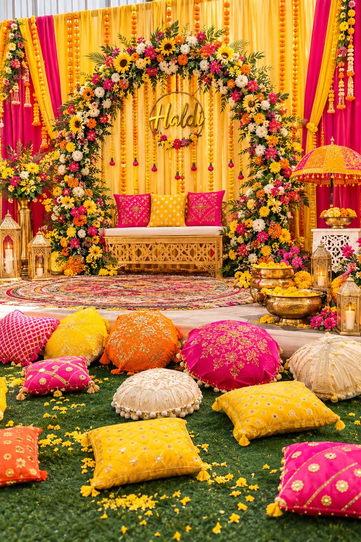 Haldi ceremony decoration with yellow flowers