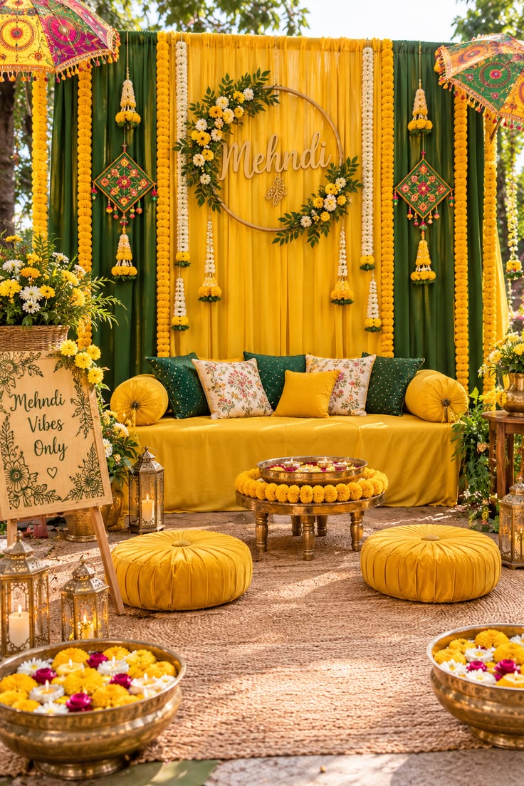 Mehndi stage with yellow and green décor