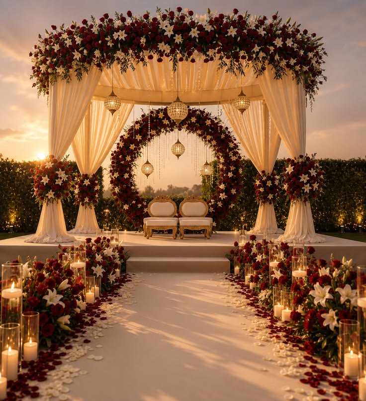 Red and white floral wedding mandap